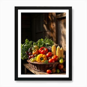 Assorted Vegetables And Fruits From A Fresh Farm Harvest Arranged In A Rustic Wicker Basket Overfl (1) 2 Art Print