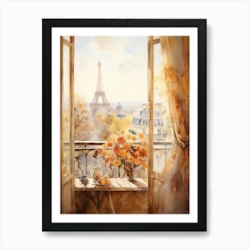 Window View Of Paris France In Autumn Fall, Watercolour 1 Art Print