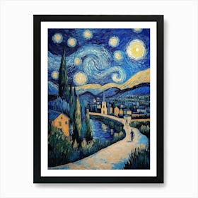 Starry Night Vincent Van Gogh Painting Style, Landscape In Blue Tones Masterpiece Art Print