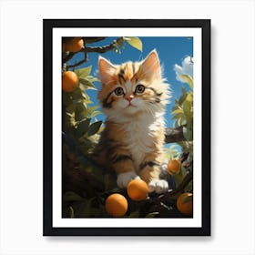 A little kitten climbs up a tree with oranges. 5 Art Print