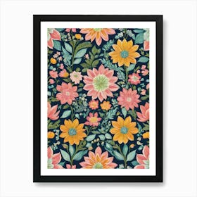 Painted Summer Flowers Boho Pattern - Navy Background Pink Bohemian Wallpaper Art Like Amy Butler and William Morris Fabric Print For Lunar Pagan Gallery Feature Wall Floral Yellow Turquoise Botanical Luna Lover HD Art Print