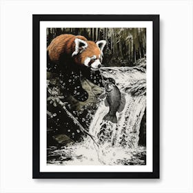 Red Panda Catching Fish In A Waterfall Ink Illustration 2 Art Print