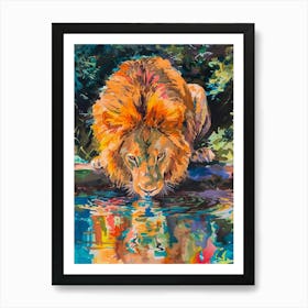Masai Lion Drinking From A Watering Hole Fauvist Painting 4 Art Print