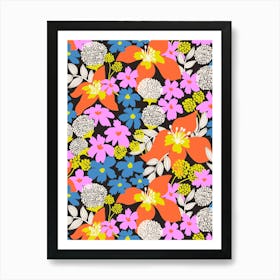 Bold And Vibrant Red Pink Blue On Black Floral Pattern Affiche