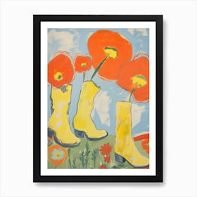 Painting Of Red Flowers And Cowboy Boots, Oil Style 1 Art Print