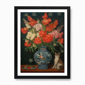 Snapdragons With A Cat 3 William Morris Style Art Print
