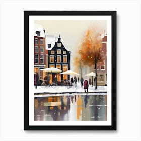 Amsterdam cafes, winter season, Christmas, autumn oil colors, pale colors, pedestrians in the street, winter clothes, falling snow.4 Art Print