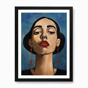 Woman With Earrings on a Blue Background Art Print