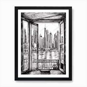 Window View Of Dubai United Arab Emirates   Black And White Colouring Pages Line Art 3 Art Print