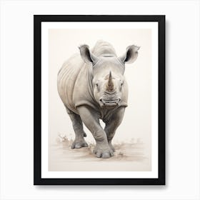 Vintage Rhino Walking Illustration  3 Art Print