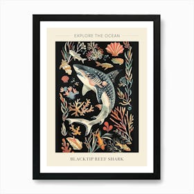 Blacktip Reef Shark Seascape Black Background Illustration 4 Poster Art Print