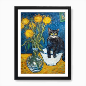 Still Life Of Iris With A Cat 4 Art Print