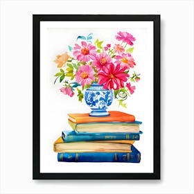 Bouquet On Stack Of Books Print Watercolor Pink Flowers Art Print