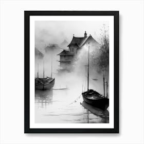 Black And White Village Painting Art Print