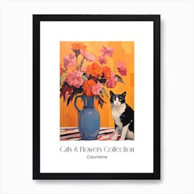 Cats & Flowers Collection Columbine Flower Vase And A Cat, A Painting In The Style Of Matisse 1 Art Print