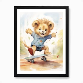 Skateboarding Watercolour Lion Art Painting 4 Art Print