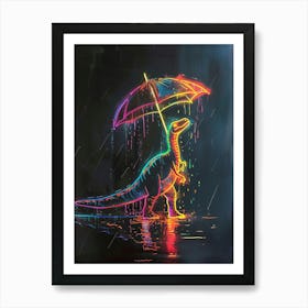 Neon Dinosaur With Umbrella In The Rain 3 Art Print