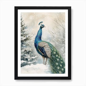 Watercolour Peacock In The Snow Art Print