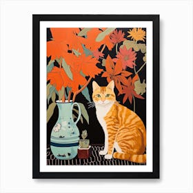 Foxglove Flower Vase And A Cat, A Painting In The Style Of Matisse 1 Art Print