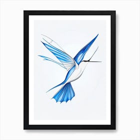 Hummingbird Symbol 1 Blue And White Line Drawing Art Print