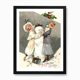 Two Ladies Posing With Snowman, Victorian Holiday Poster Art Print