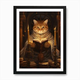 Cat Reading A Book In A Medieval Library 2 Art Print