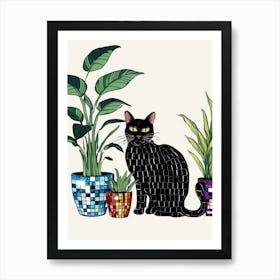 Black Cat With Potted Plants 1 Art Print