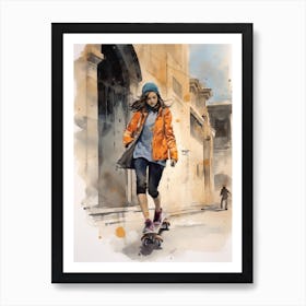 Girl Skateboarding In Istanbul, Turkey Watercolour 2 Art Print