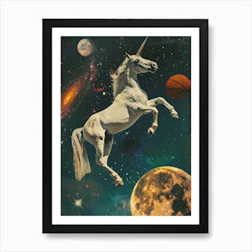 Unicorn In Space Playing Basketball Retro 3 Art Print