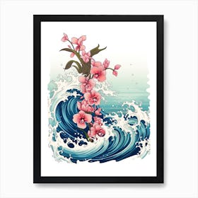 Great Wave With Orchid Flower Drawing In The Style Of Ukiyo E 4 Art Print