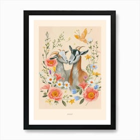 Folksy Floral Animal Drawing Goat 5 Poster Art Print