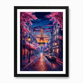 Lofi Anime Art: Serene Paris street at sunset, with the Eiffel Tower in the distance. Pink cherry blossoms frame the glowing windows and streetlights, creating a nostalgic, romantic ambiance. Art Print