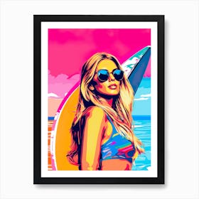 Beach Babe, Pop Art, Woman On the Beach, With Surfboard Art Print