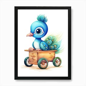 Baby Peacock On A Toy Car, Watercolour Nursery 3 Art Print