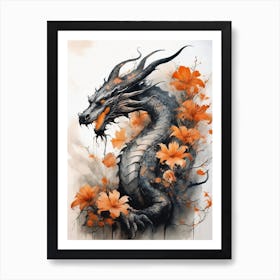 Japanese Dragon Abstract Flowers Painting (23) Art Print