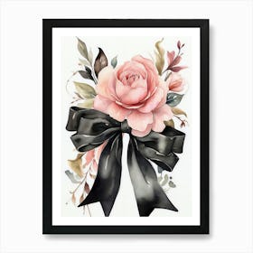 Pink Rose With Black Bow Art Print