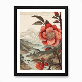 Tsubaki Camellia Japanese Botanical Illustration Art Print