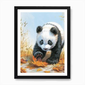 Giant Panda Cub Playing With A Fallen Leaf Storybook Illustration 4 Art Print