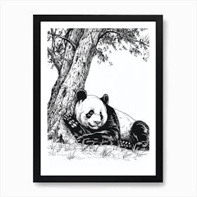 Giant Panda Laying Under A Tree Ink Illustration 2 Art Print
