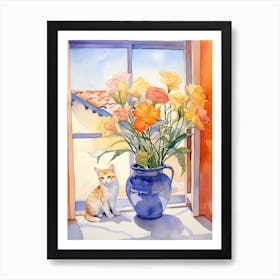 Cat With Calla Lily Flowers Watercolor Mothers Day Valentines 1 Art Print