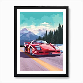 A Ferrari F40 Car In Icefields Parkway Flat Illustration 3 Art Print