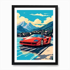 A Ferrari F40 Car In The Lake Como Italy Illustration 4 Art Print