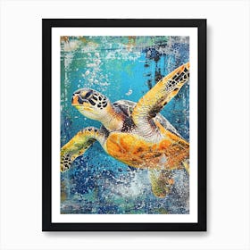 Textured Sea Turtle Collage With Bubbles 1 Art Print