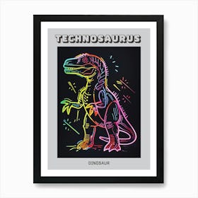 Neon Rainbow Dinosaur Line Illustration With Black Background 3 Poster Art Print