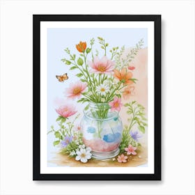 Flowers In A Vase With Butterfly Art Print