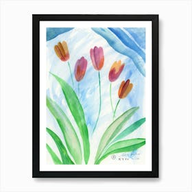 Spring Tulips - watercolor painting floral art vertical hand painted living room bedroom blue green Art Print