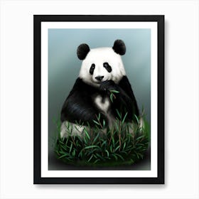 Panda eating, sitting with a bamboo branch, realistic drawing. Art Print