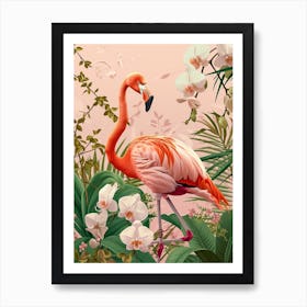 American Flamingo And Orchids Minimalist Illustration 4 Art Print