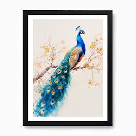 Watercolour Peacock On A Tree Branch Art Print