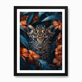 A Happy Front faced Leopard Cub In Tropical Flowers 18 Art Print